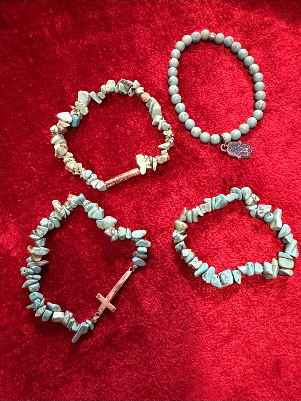 Turquoise Beaded Bracelets Set of 4 cross, peace, hamsa hand some wear on peace